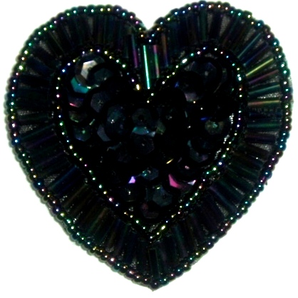 LC353  Black AB Heart Sequin Beaded Applique  2.25"