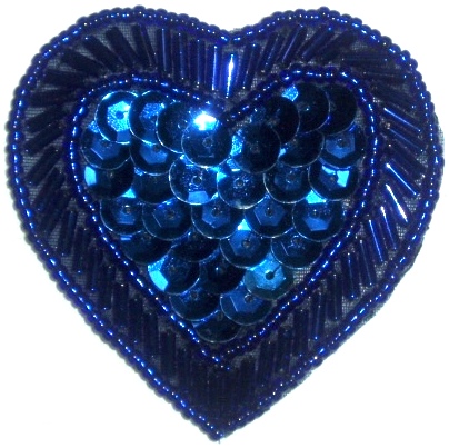 LC353  Blue Heart Sequin Beaded Applique  2.25"