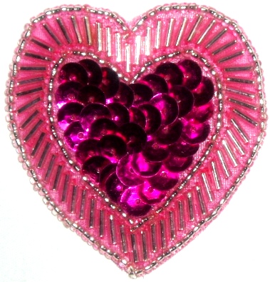 LC353  Fuchsia Heart Sequin Beaded Applique  2.25"