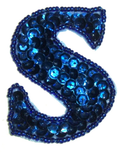 LC529  Blue Letter ( S ) Sequin Beaded Applique 2.25"