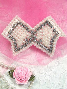 MA126Q Reduced White Pearl Rhinestone Beaded Applique 3.75"