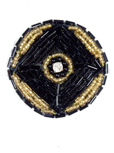 MA120 Black Gold Round Beaded Rhinestone Hair Bow / Brooch / Applique 1.75"