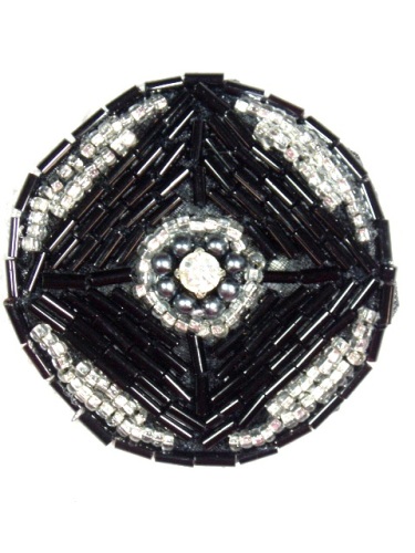 MA120 Black Silver Round Beaded Rhinestone Hair Bow / Brooch / Applique 1.75"