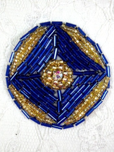 MA120 Royal Blue Gold  Round Beaded Rhinestone Hair Bow / Brooch / Applique 1.75"
