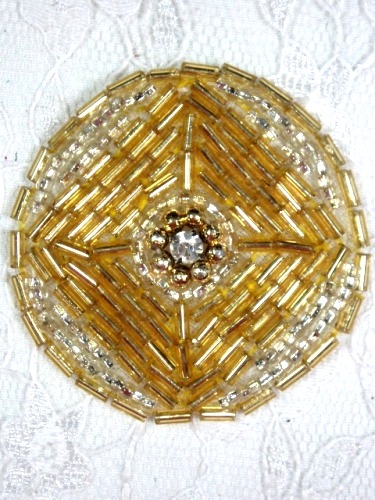 MA120 Gold Silver Round Beaded Rhinestone Hair Bow / Brooch / Applique 1.75"
