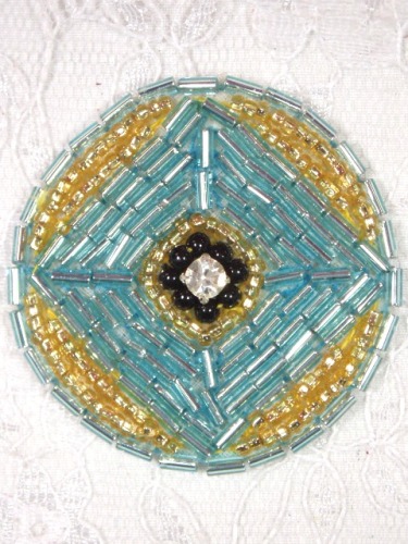 MA120 Turquoise Gold Round Beaded Rhinestone Hair Bow / Brooch / Applique 1.75"