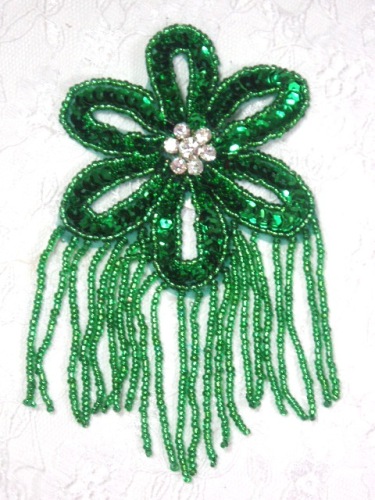 MA1840 Green Flower Sequin Beaded Hair Bow / Brooch / Applique 5"