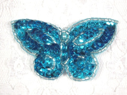 MA160 Turquoise AB Beaded Sequin Butterfly Brooch / Earrings / Applique 2"