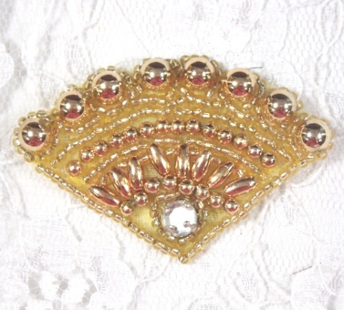 MA161 Gold Fan Beaded Rhinestone Hair Bow / Brooch / Applique 2.25"
