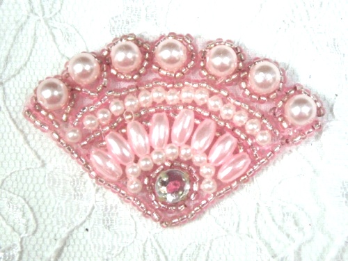 MA161 Pink Fan Beaded Rhinestone Hair Bow / Brooch / Applique 2.25"