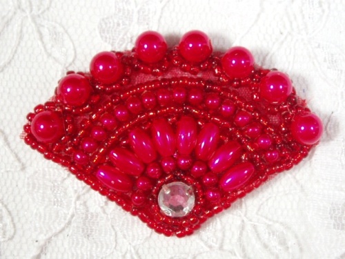 MA161 Red Fan Beaded Rhinestone Hair Bow / Brooch / Applique 2.25"