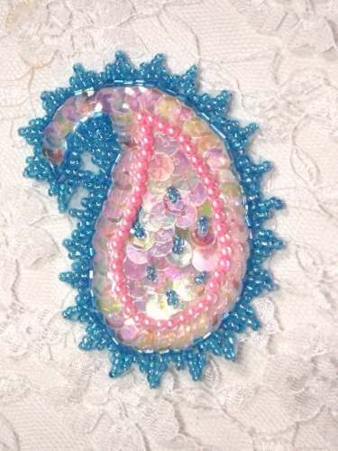 MA184 Blue / Pink  AB Beaded Sequin Paisley Hair Bow /  Brooch  / Applique 3"
