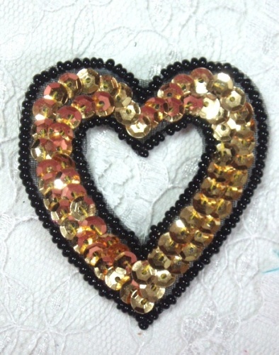MA184 Black & Gold Heart Sequin Beaded Hair Bow / Brooch / Applique  2"