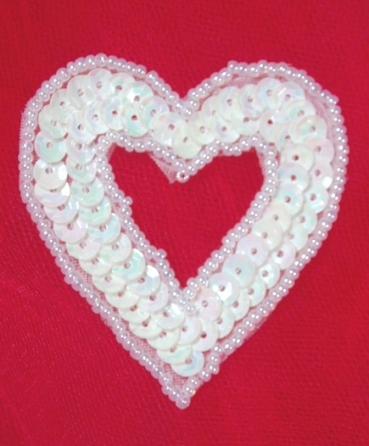 MA184 White AB Pearl Heart Sequin Beaded Hair Bow / Brooch / Applique  2"