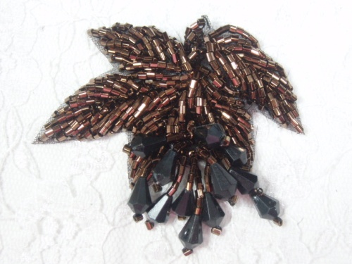 MA192  Chocolate Leaf Beaded Black Dangle Applique 2.5"