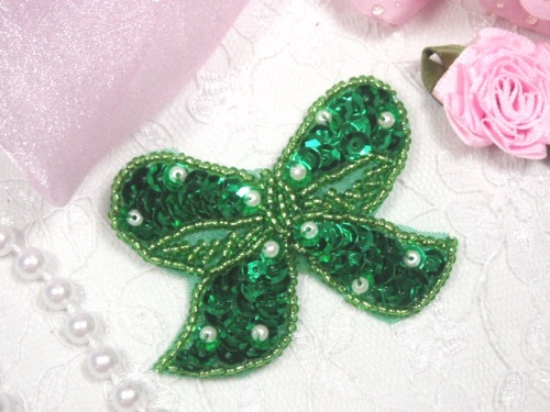 MA250 Green Beaded Sequin Bow Brooch / Hair Bow / Applique 2"