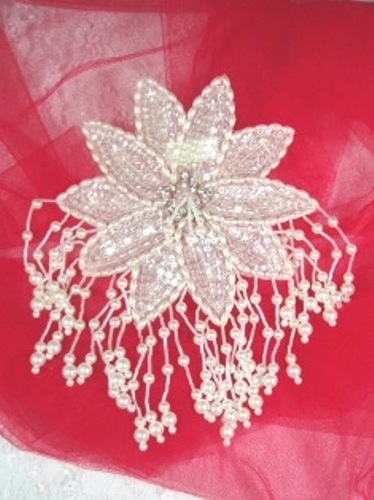 MA257 Crystal & Pearl Floral Sequin Beaded Dangle Epaulet Applique 8"