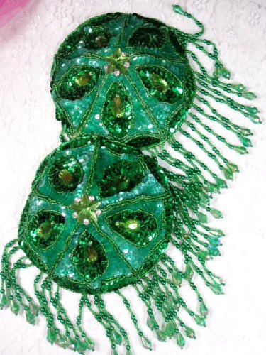 MA275A  Set of ( 2 ) Green Belly Dance Bra Cup Beaded