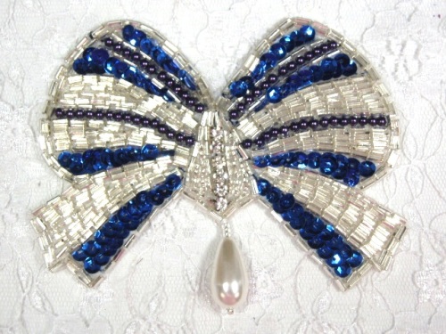 MA337 Blue & Silver Bow Sequin Beaded Dangle Hair Bow / Brooch / Applique 4.5"