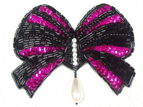 MA337 Fuchsia & Black Bow Sequin Beaded Dangle Hair Bow / Brooch / Applique 4.5"