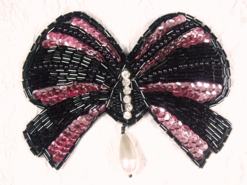 MA337 Mauve & Black Bow Sequin Beaded Dangle Hair Bow / Brooch / Applique 4.5"
