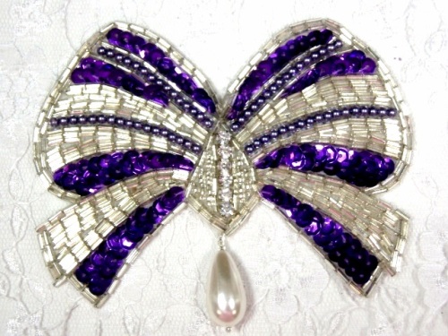MA337 Purple & Silver Bow Sequin Beaded Dangle Hair Bow / Brooch / Applique 4.5"
