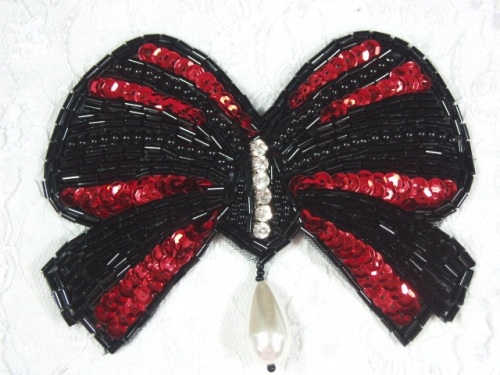 MA337 Red & Black Bow Sequin Beaded Dangle Hair Bow / Brooch / Applique 4.5"
