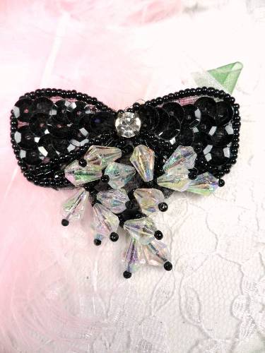 MA361 Black Bow Dangle Beaded  Sequin Applique 2.5"