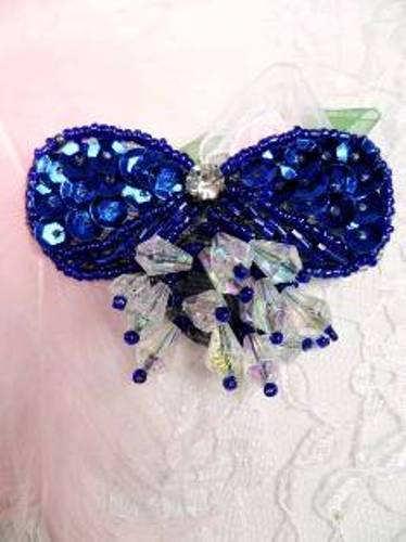 MA361 Blue Bow Dangle Beaded  Sequin Applique 2.5"
