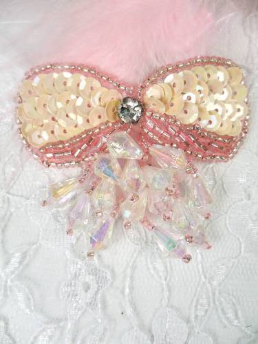 MA361 Pink Bow Dangle Beaded  Sequin Applique 2.5"