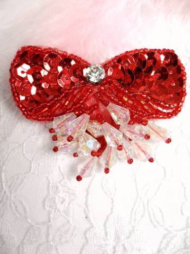 MA361 Red Bow Dangle Beaded  Sequin Applique 2.5"