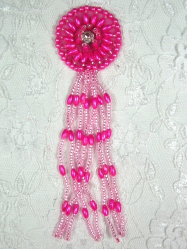 MA298B Hot Pink Dangle Beaded Rhinestone Applique 5"