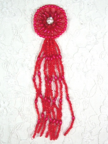 MA298B Red Dangle Beaded Rhinestone Applique 5"