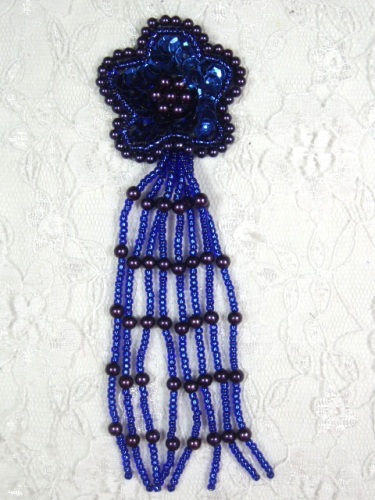 MA42 Blue Sequin Beaded Dangle Hair Bow / Brooch / Earrings / Applique 4.25"