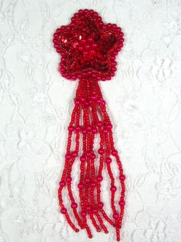 MA42 Red Sequin Beaded Dangle Hair Bow / Brooch / Earrings / Applique 4.25"
