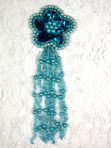 MA42 Turquoise Sequin Beaded Dangle Hair Bow / Brooch / Earrings / Applique 4.25"