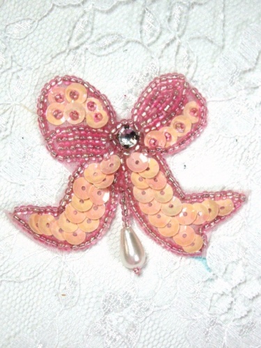 MA6 Light Pink AB Sequin Beaded Hair Bow / Brooch / Applique 2"