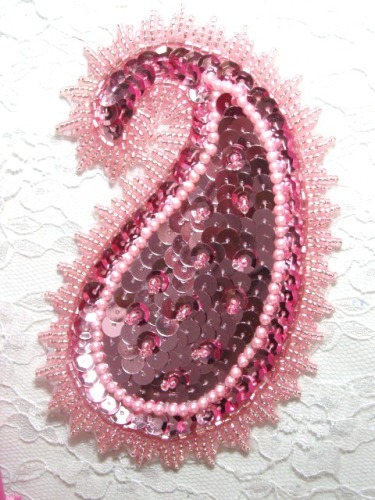 MA60  Mauve Paisley Beaded Sequin Applique 5"