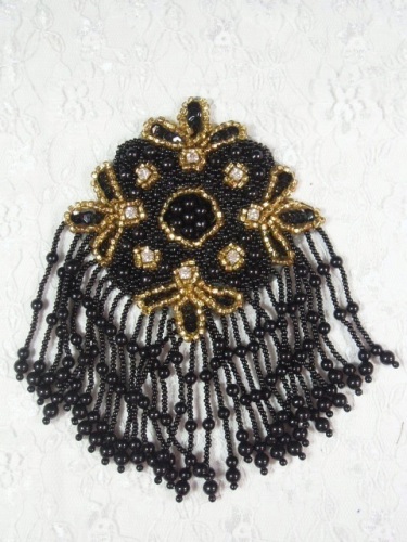MA65 Black & Gold Rhinestone Beaded Sequin Dangle Epaulet Hair Bow / Brooch /  Applique 6"