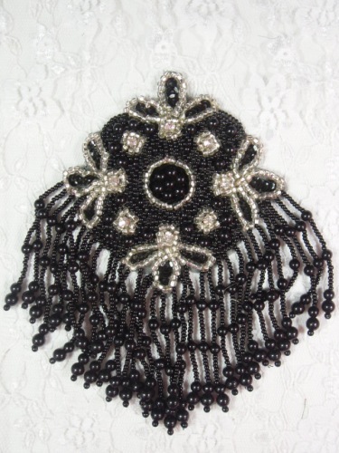 MA65 Black & Silver Rhinestone Beaded Sequin Dangle Epaulet Hair Bow / Brooch / Applique 6"