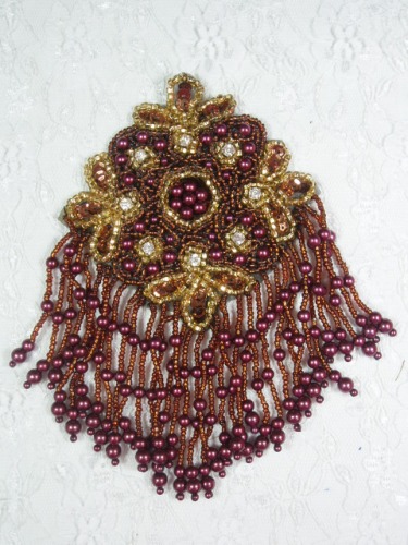 MA65 Bronze & Gold Rhinestone Beaded Sequin Dangle Epaulet Hair Bow / Brooch / Applique 6"