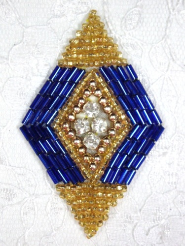 MA68 Blue & Gold Beaded Diamond Rhinestone Applique 2"