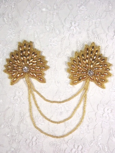MA9 Gold Beaded Leaf Brooch / Applique 7"