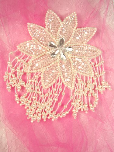 MA95 Crystal White Floral Sequin Beaded Dangle Epaulet Applique 8"