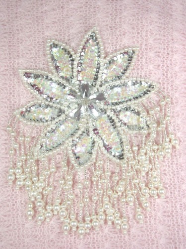 MA95 Crystal AB Silver Floral Sequin Beaded Dangle Epaulet Applique 8"
