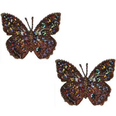 E102  Set of ( 2 ) Brown Butterfly Iron on Sequin Appliques 1.75"