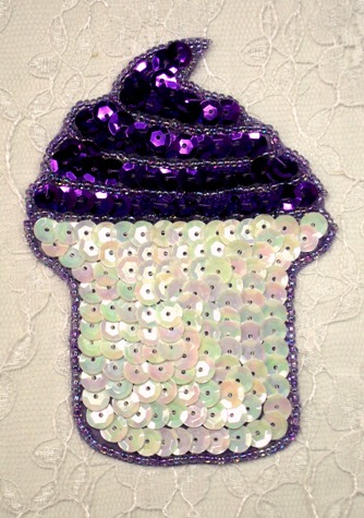 MS1 Purple White AB Cupcake Beaded Sequin Applique 4"
