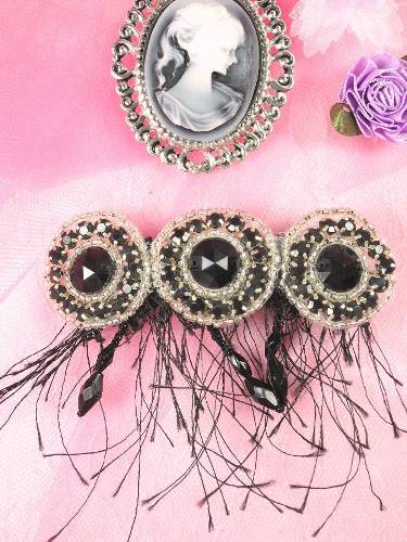 MS61 Black Silver Beaded Hair Bow 3.75"