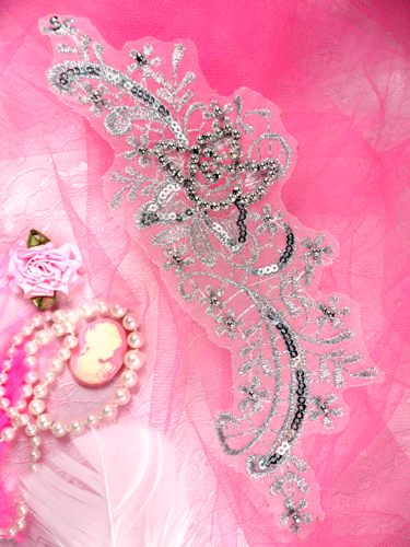 MS9 Silver Metallic Venise Lace Beaded Sequin Applique 8"