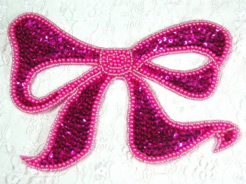 MA298 Fuchsia Beaded Sequin Bow Applique 6.5"